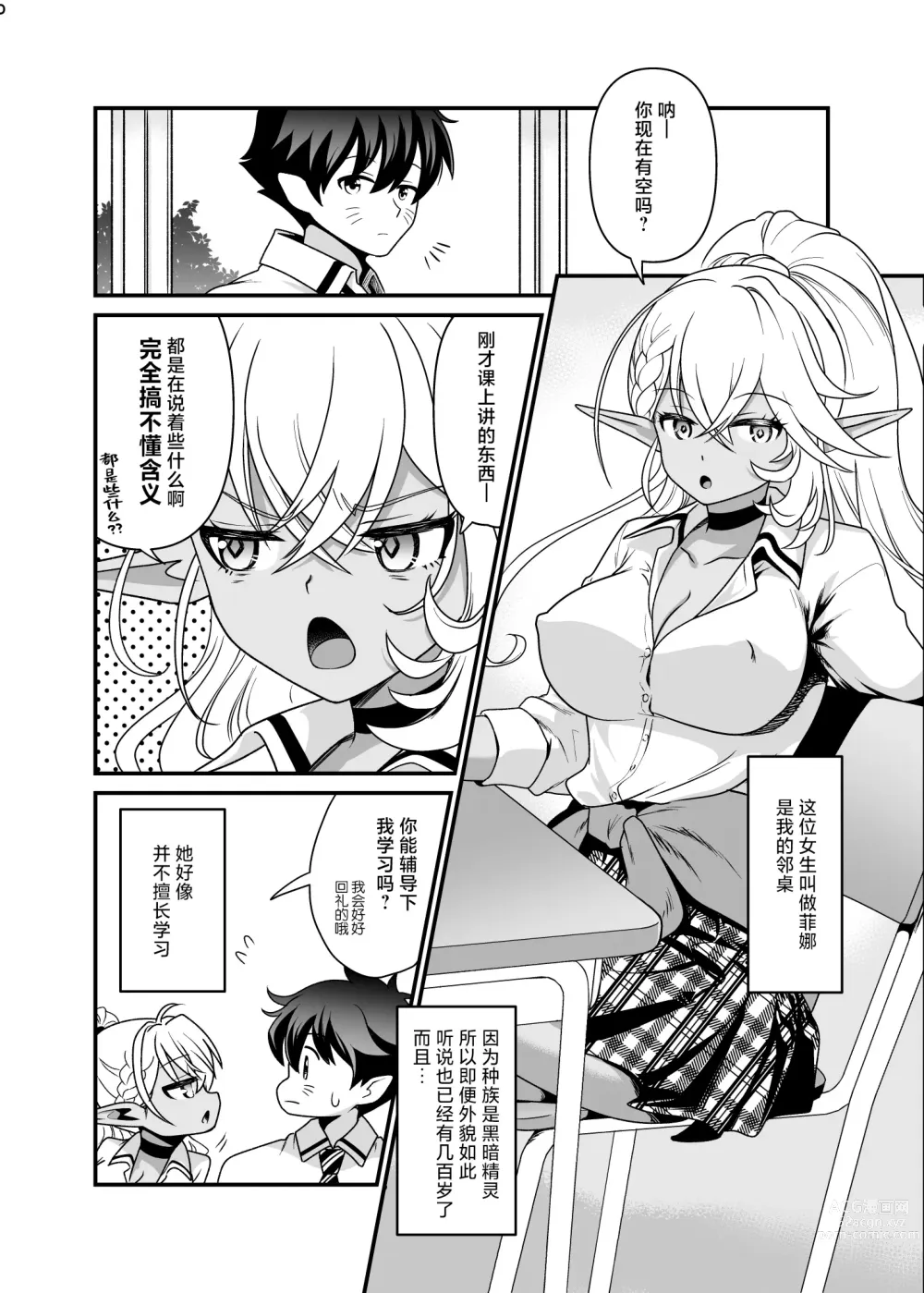 Page 9 of doujinshi Seiyoku Ousei na Ajin Senyou Gakkyuu ni Danshi Seito wa Ore Hitori・Dark Elf JK Hen