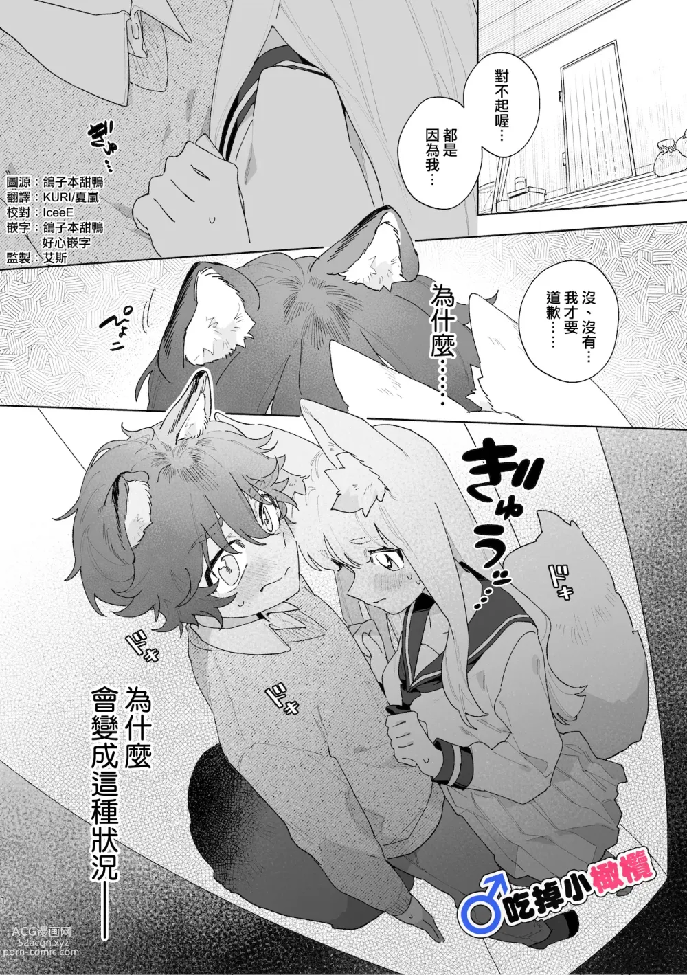 Page 2 of doujinshi ♂ ga uke. Kitsune-chan × tanuki-kun｜♂吃掉小公狸。小狐狸X狸猫同学