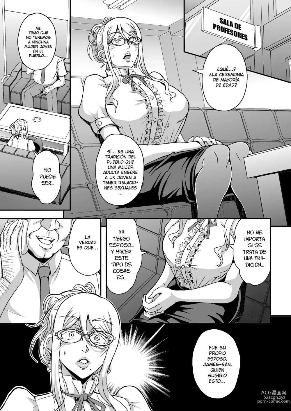 Page 4 of doujinshi Bakunyuu Hitozuma Kinpatsu Gaikokujin Jokyoushi ga Mura no Inshuu de Kasshoku Shota no Fudeoroshi o Suru Hanashi