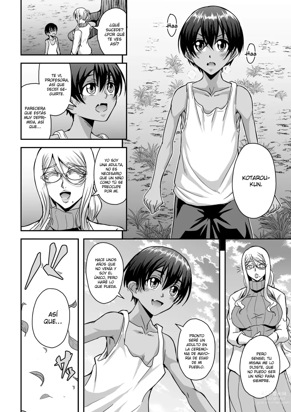 Page 7 of doujinshi Bakunyuu Hitozuma Kinpatsu Gaikokujin Jokyoushi ga Mura no Inshuu de Kasshoku Shota no Fudeoroshi o Suru Hanashi