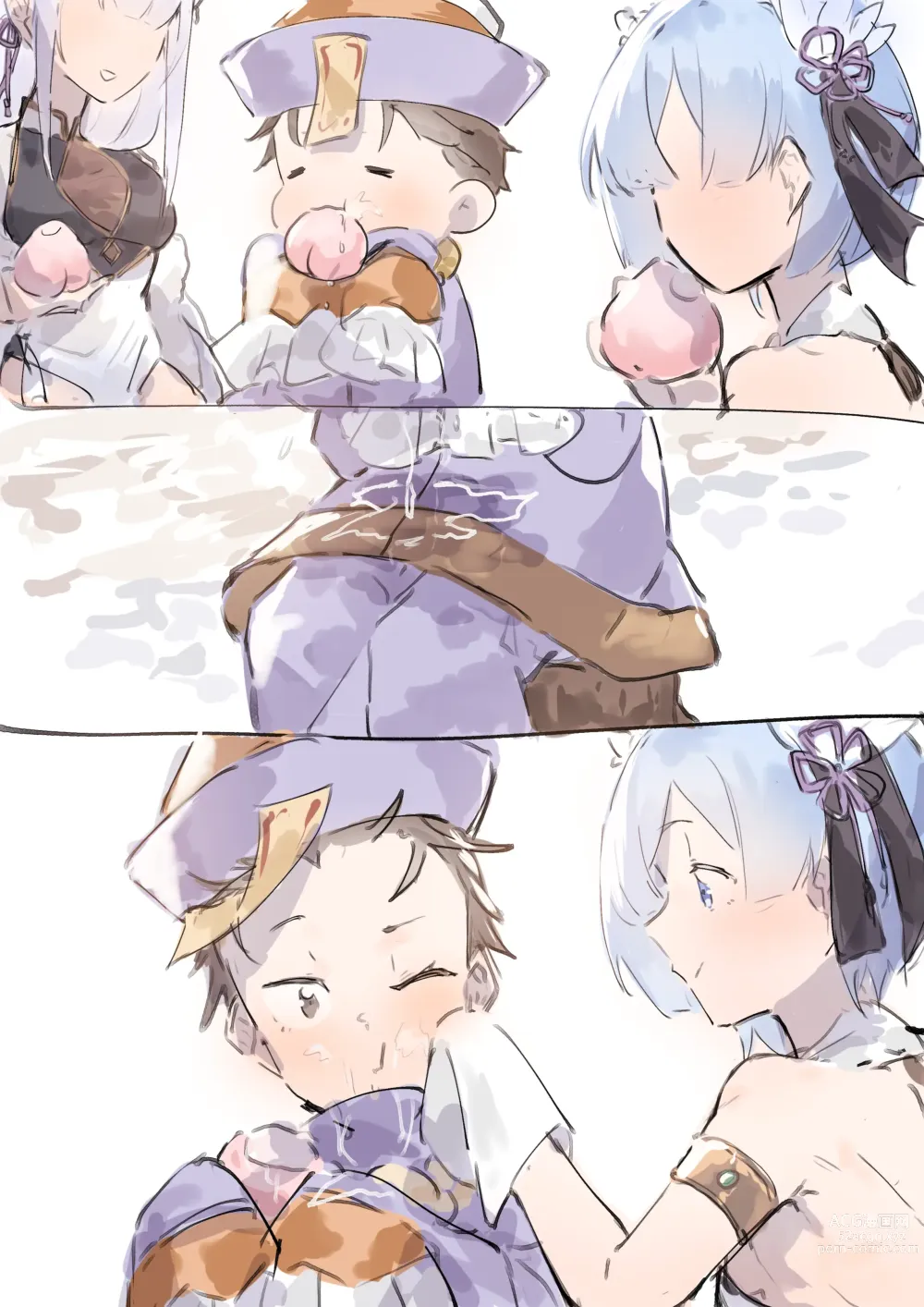 Page 4 of doujinshi Emilia, Rem and Subaru futanari