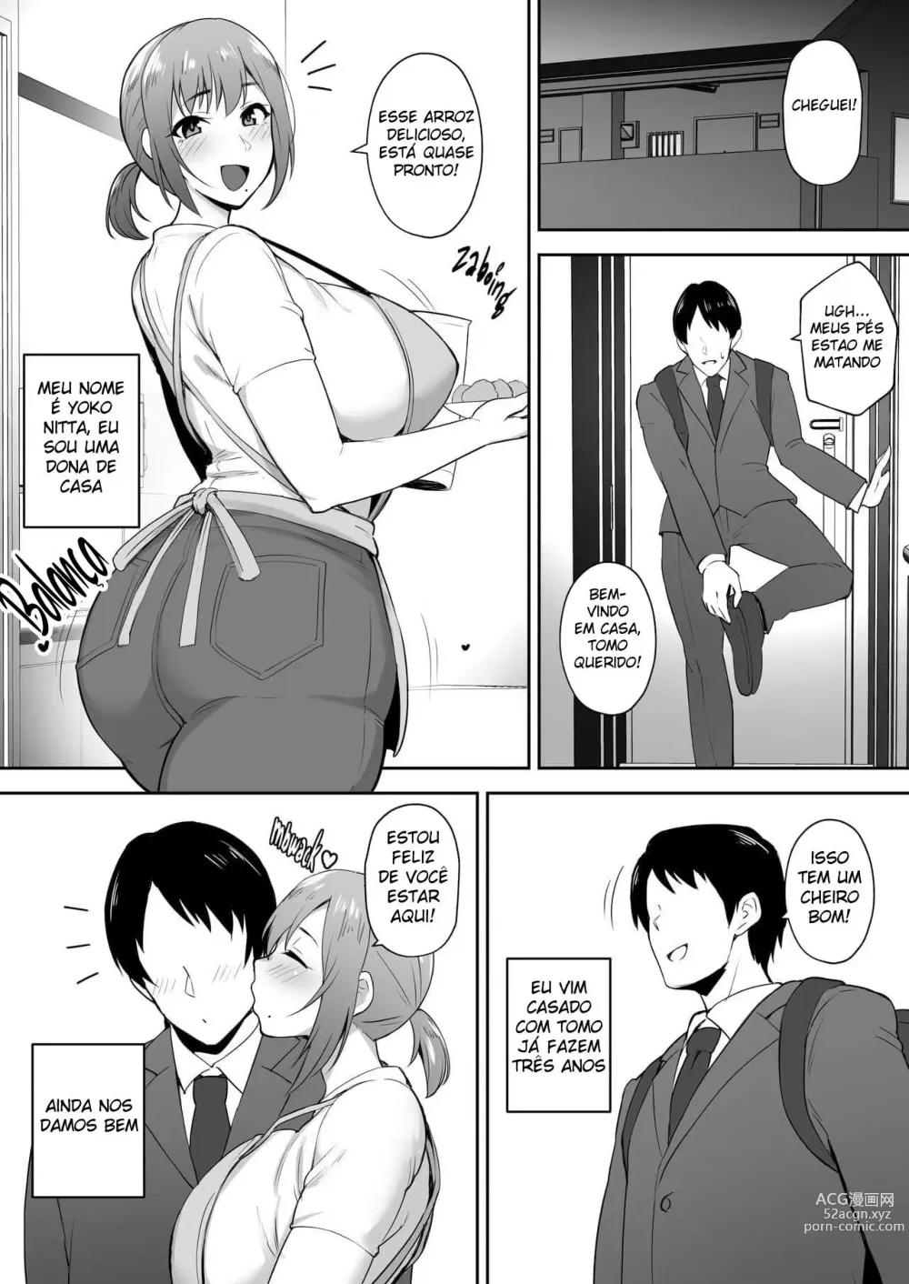 Page 2 of doujinshi Netorareta Bakunyuu Genki Zuma Youko -Kaji Daikou saki de Toshishita Celeb no Onaho Zuma ni Saremashita-