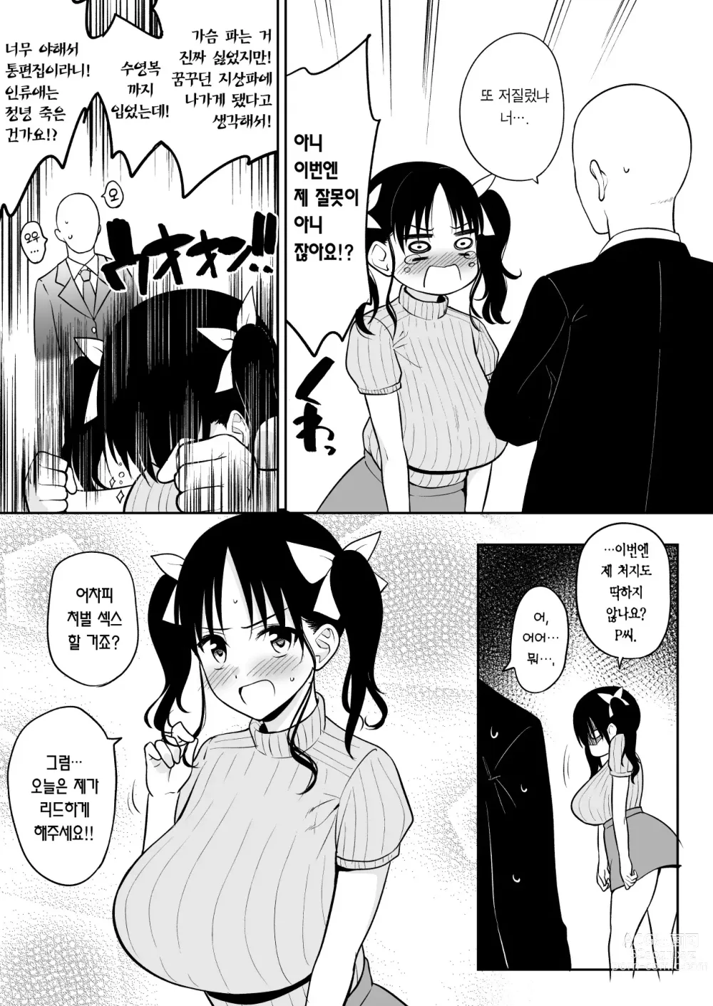 Page 2 of doujinshi Sensitivesugite Chijouha Shutsuen ga Hakusi ni Nattanode P-san ni Nagusame Sex shite morau Nagachichi Chika Idol-chan