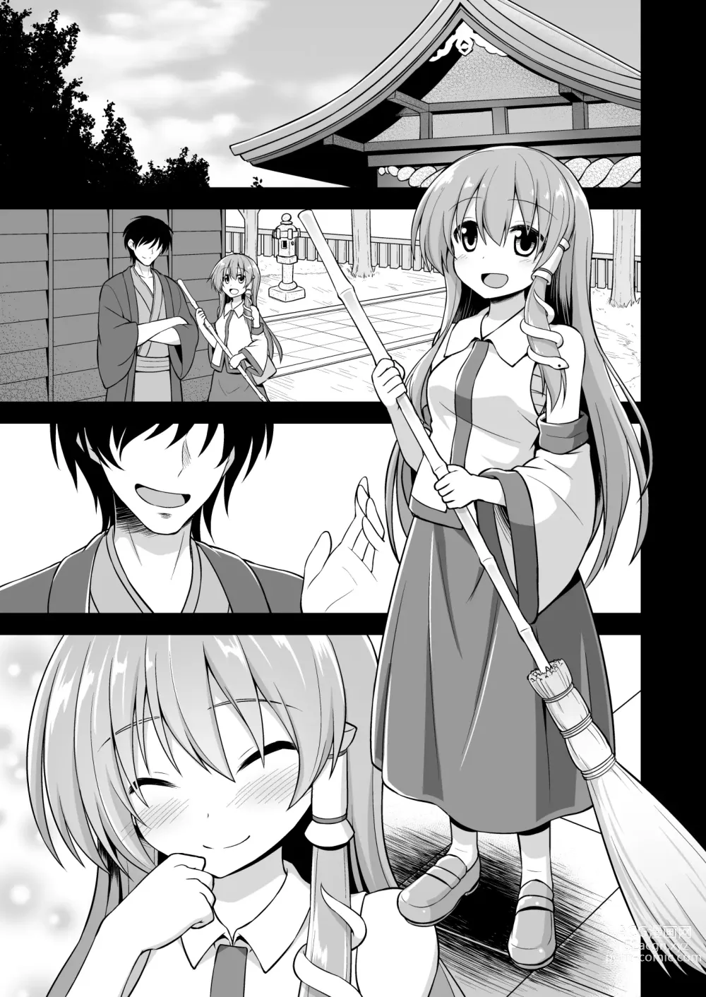 Page 2 of doujinshi Shinkou no Tame ni Sanae-san ga Shokushu de Muriyari Kaihatsu Sareru Moriya Jinja