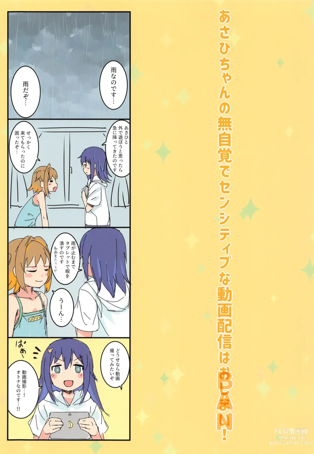 Page 2 of doujinshi Asahi-chan no Mujikaku de Sensitive na Douga Haishin wa Oshimai!