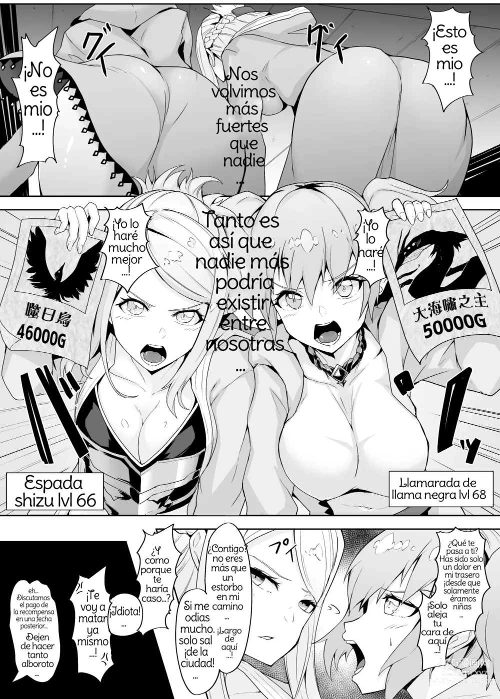 Page 4 of doujinshi Level Drain Futanari Kyousei Sex o Saserarete, Subete o Ushinau Onna Mahoutsukai to Onna Kenshi Spanish