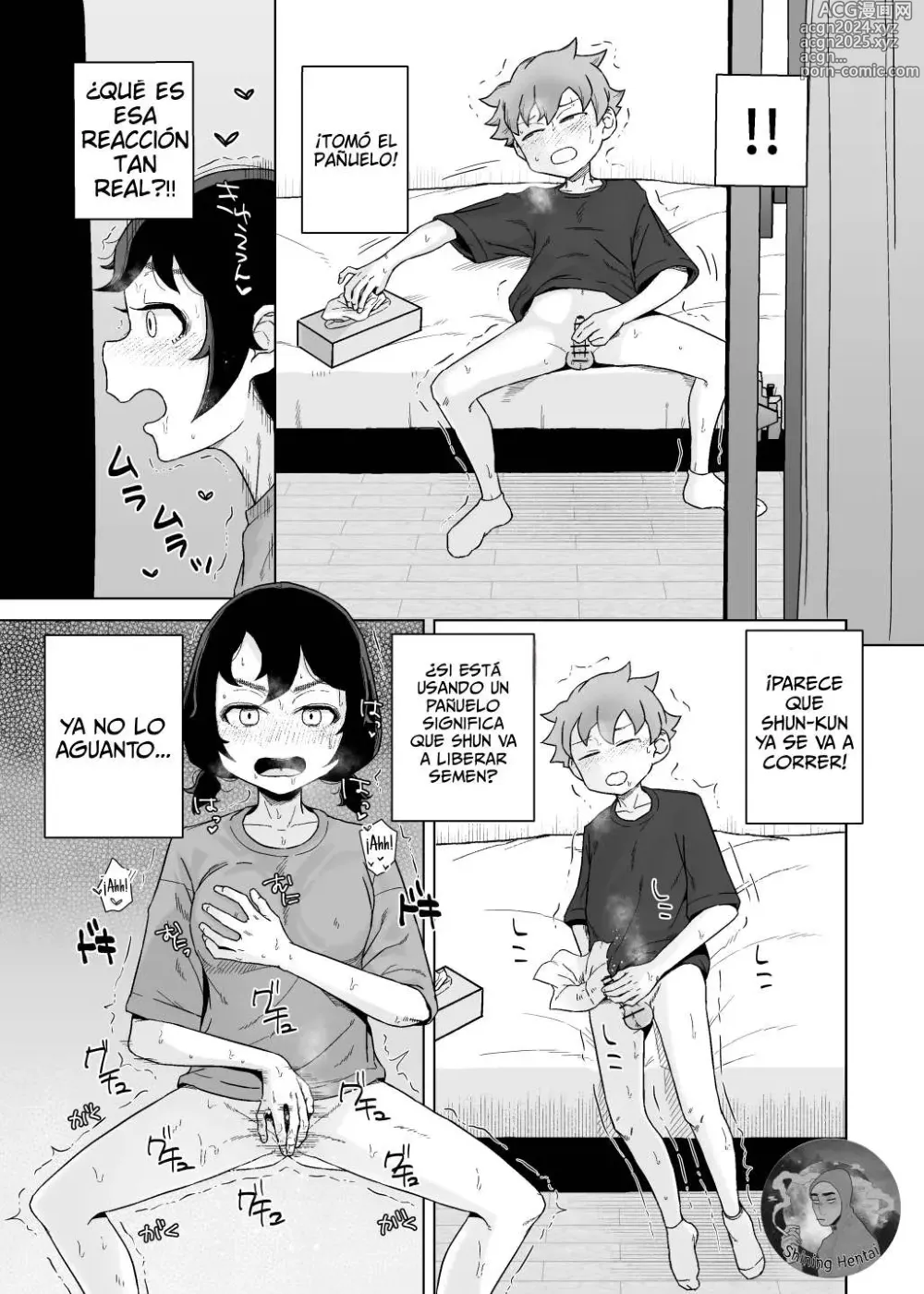 Page 18 of doujinshi Una chica autocrítica y adicta a la masturbación observa a un chico masturbarse.