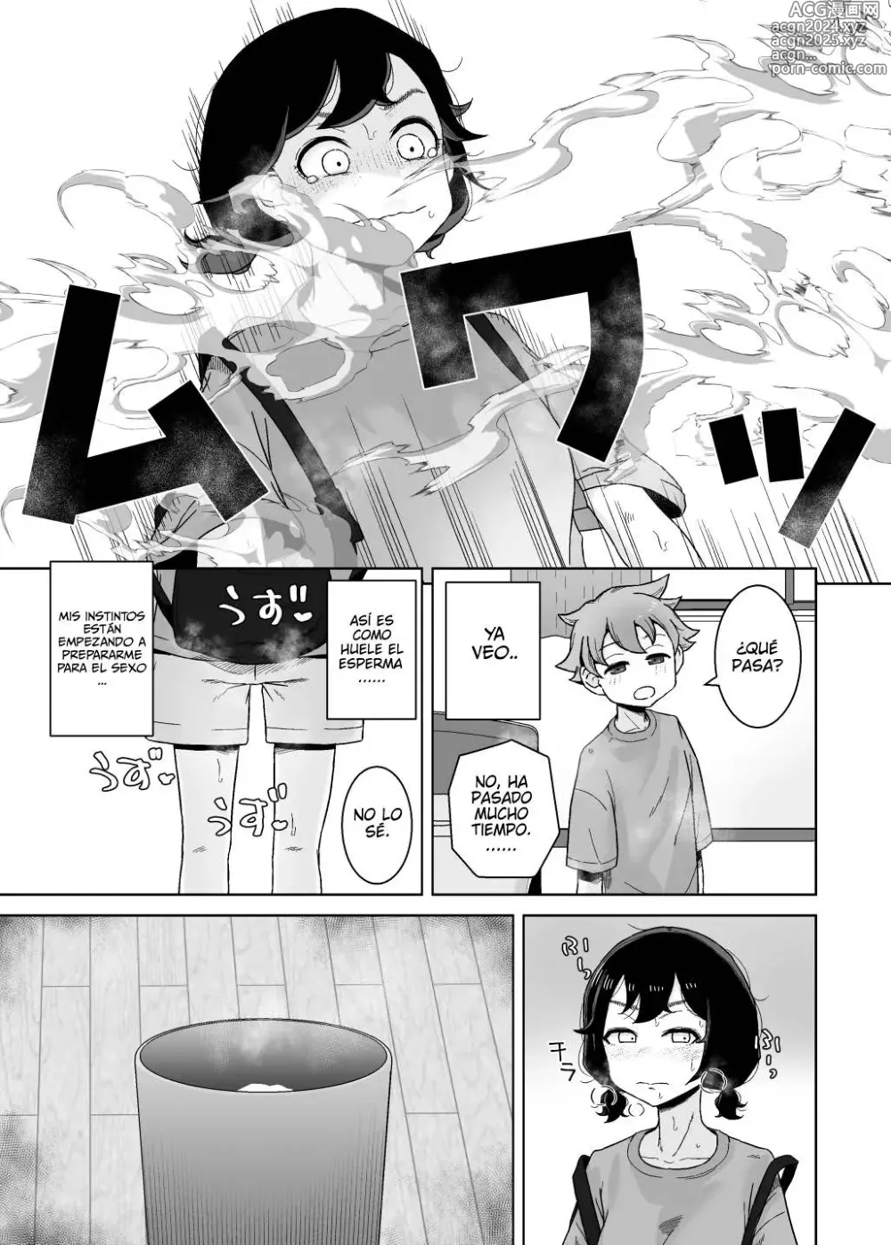 Page 34 of doujinshi Una chica autocrítica y adicta a la masturbación observa a un chico masturbarse.