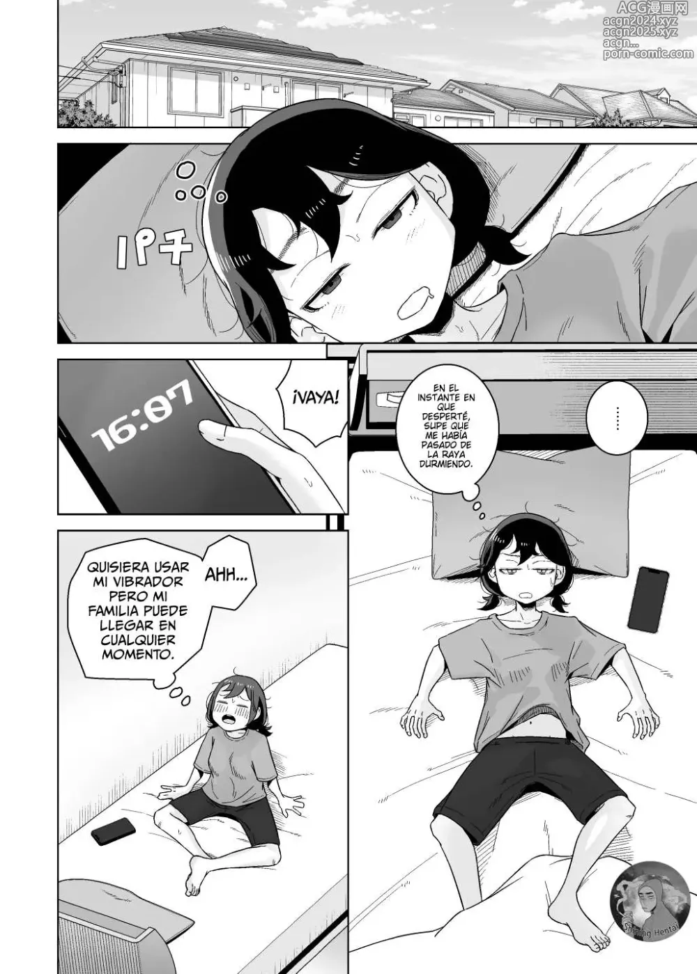 Page 10 of doujinshi Una chica autocrítica y adicta a la masturbación observa a un chico masturbarse.