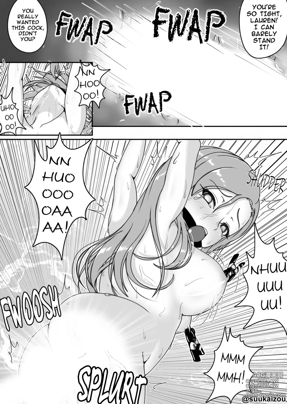 Page 14 of doujinshi Lauren is restrained and blamed mainly on her boobs