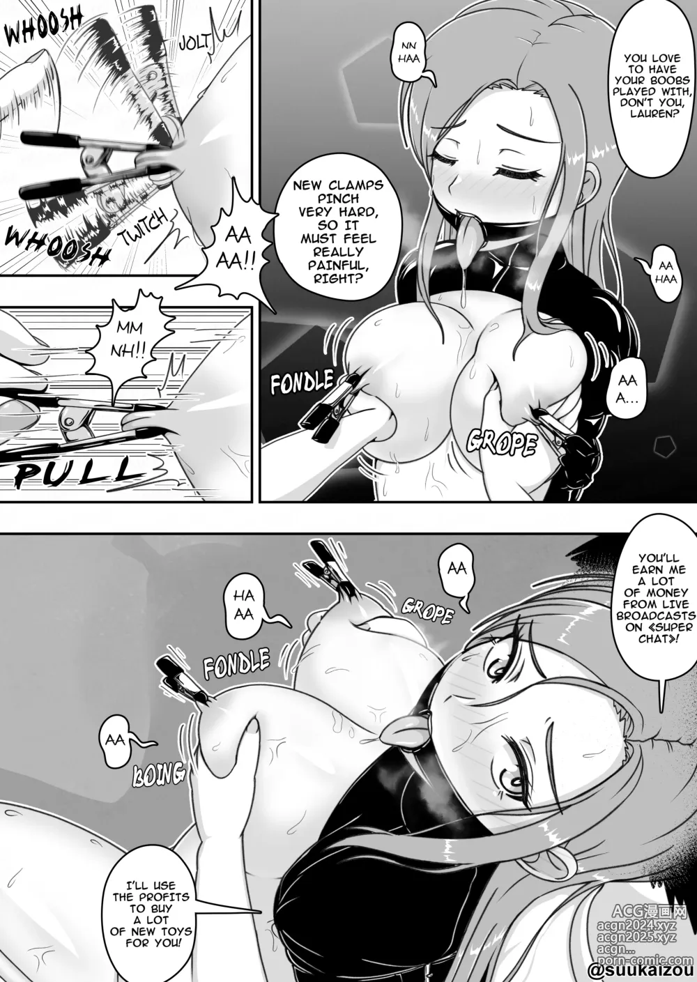 Page 16 of doujinshi Lauren is restrained and blamed mainly on her boobs