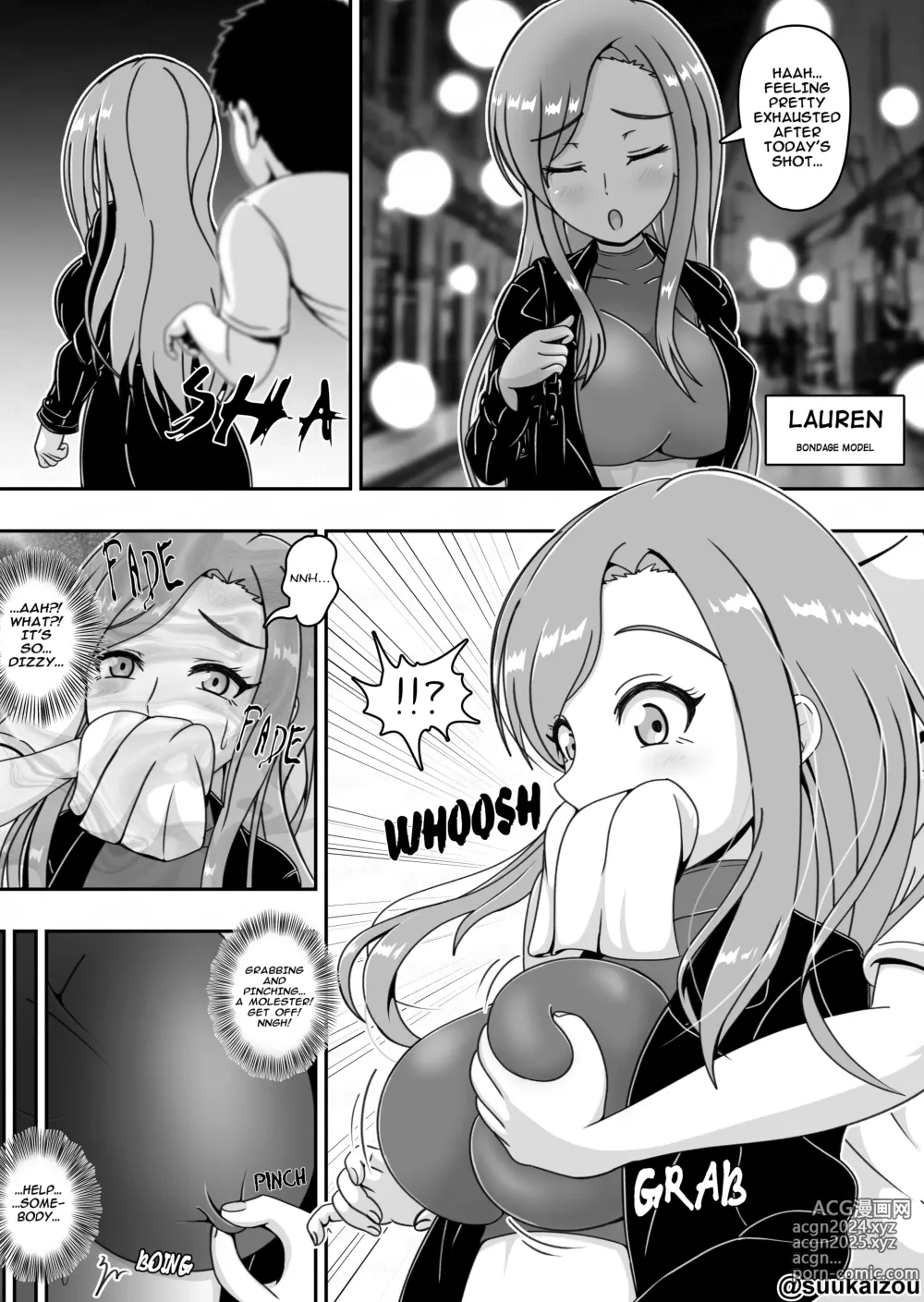 Page 9 of doujinshi Lauren is restrained and blamed mainly on her boobs