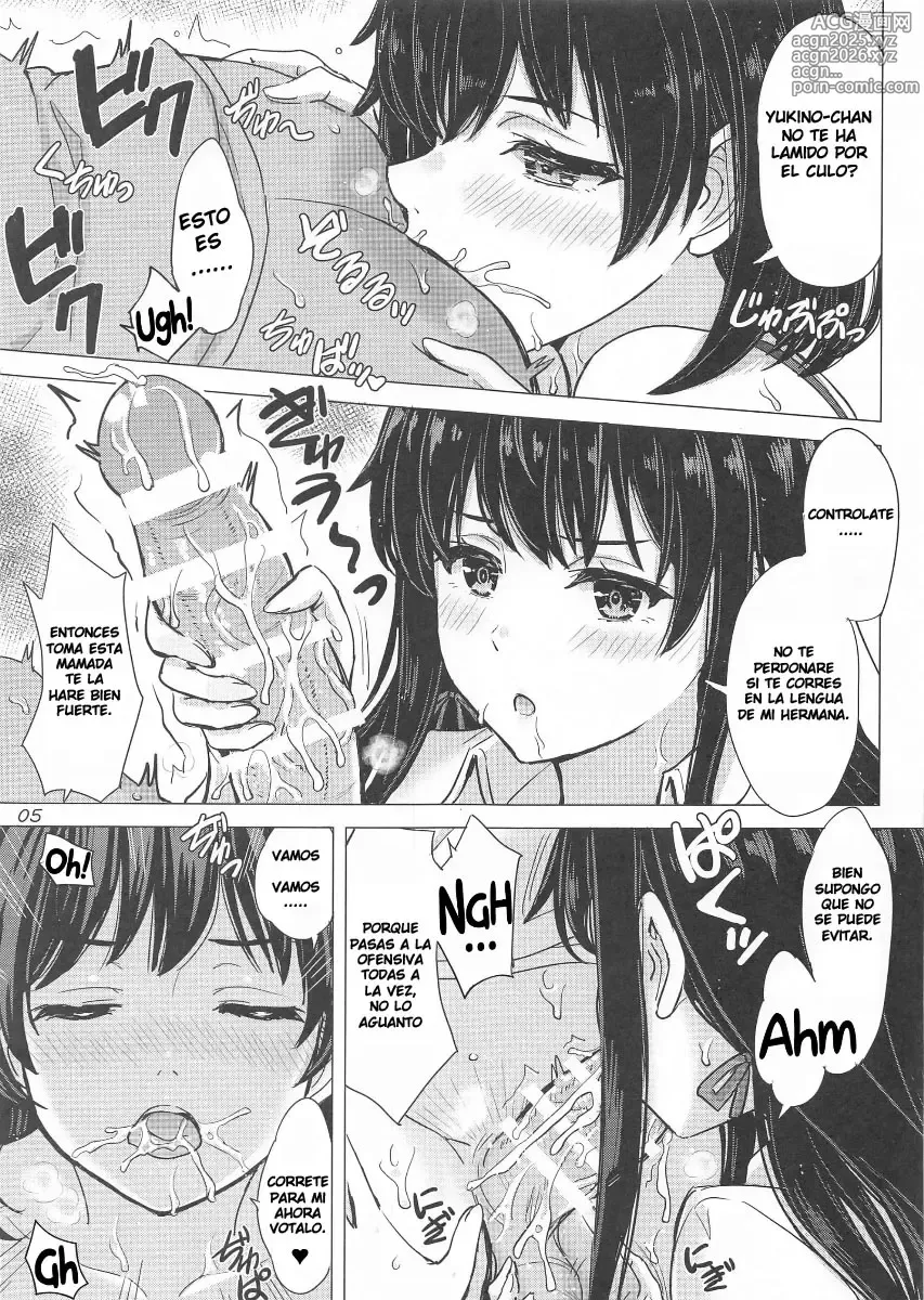 Page 4 of doujinshi Miwakuteki ni Yukinoshita Shimai ga Rouraku Shite Kuru. - The Yukinoshita sisters continue to have sex with hachiman.