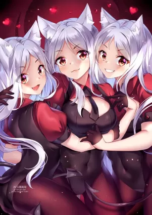 squchan, helltaker, cerberus (helltaker), 3girls, animal ears, breasts, clothing