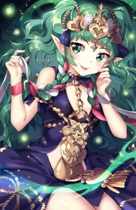 squchan, fire emblem, sothis (fire emblem), green eyes, green hair, jewelry, loo