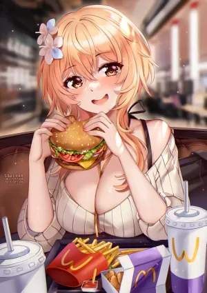 squchan, pixiv, genshin impact, mcdonald's, lumine (genshin impact), 1girl, alte