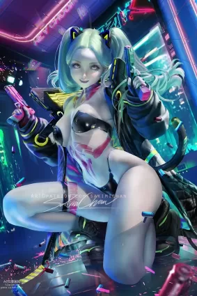 cyberpunk edgerunners rebecca hentai pictures by sakimichan about gun(銃) holding_gun(銃を持っている) looking_at_viewer(カメラ目線)