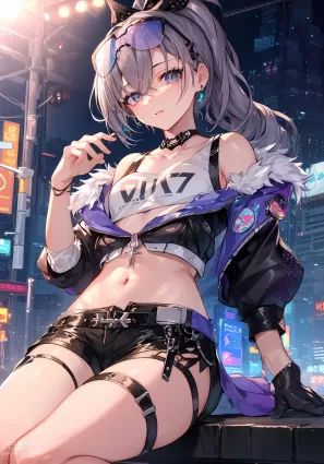 AI generated honkai: star rail silver wolf doujin pictures about building(建物) open_jacket(はだけたジャケット)