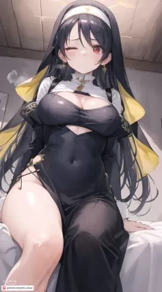 AI generated blue archive wakaba hinata doujin pictures by dmk meow about black_dress(ブラックドレス) cleavage_cutout(谷間カットアウト)